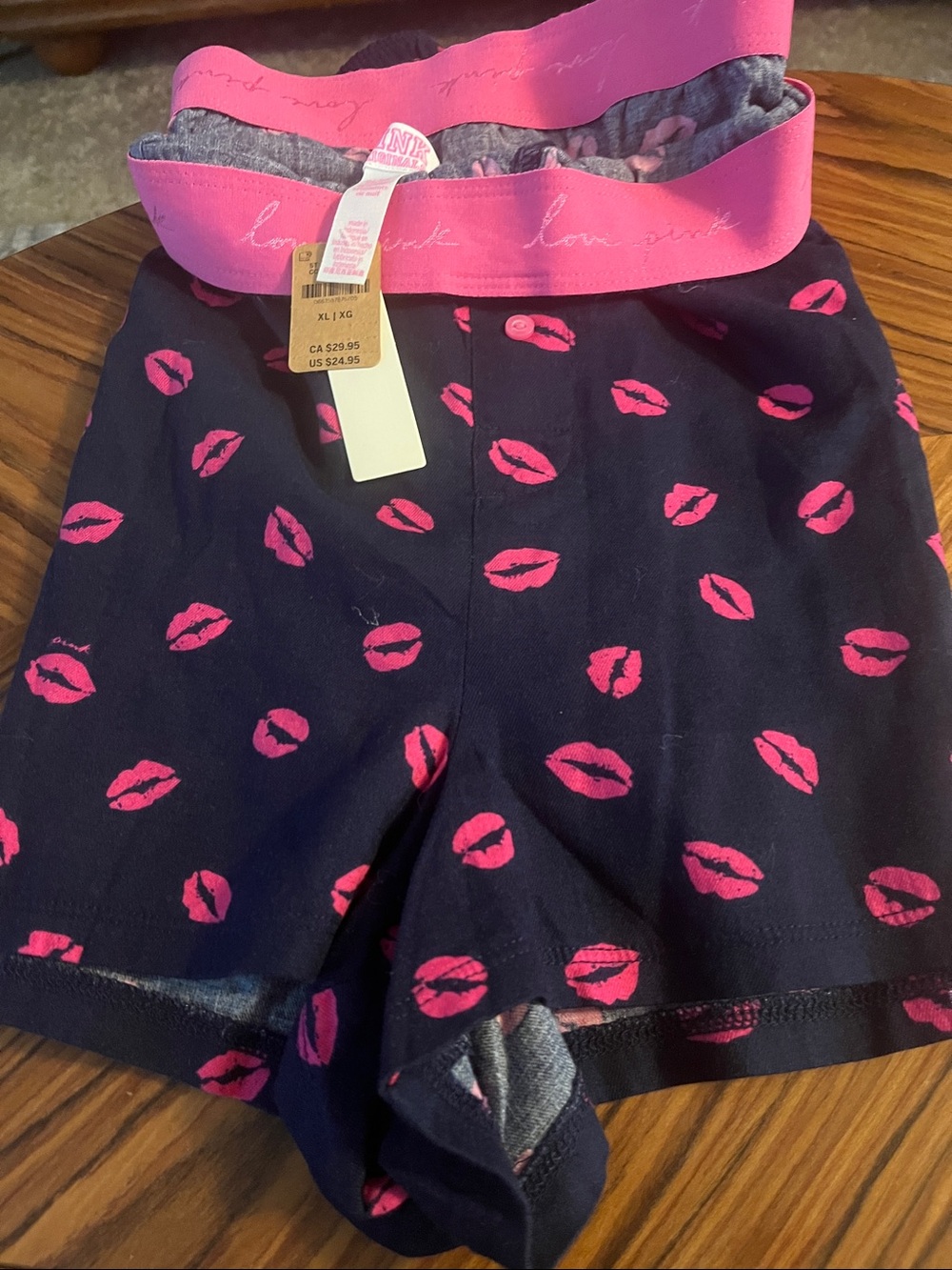 PINK Victoria's Secret Black Bike Shorts with Hot Pink Lip Print